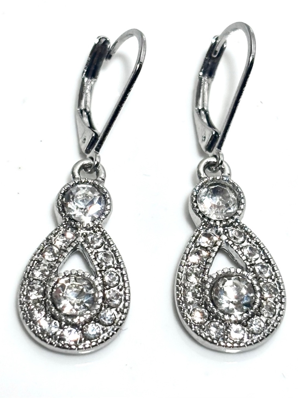 Vintage Monet Art Deco Rhinestone Drop Earrings Silver Tone Curb Chain